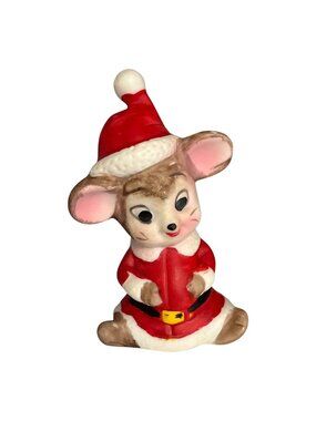 Vintage Christmas Mouse Figurine Santa Suit Ceramic Holiday Decor 3.5 Inch